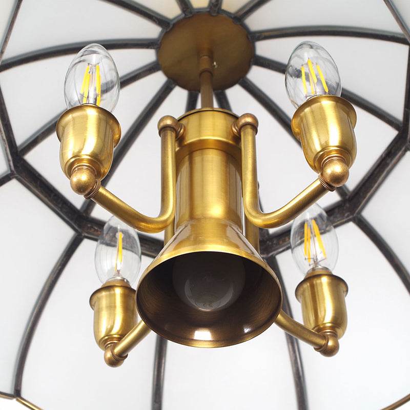 Traditional Hat Hanging Chandelier White Glass 5 Bulbs Suspension Light in Brass for Dining Room Clearhalo 'Ceiling Lights' 'Chandeliers' 'Glass shade' 'Glass' Lighting' 233486