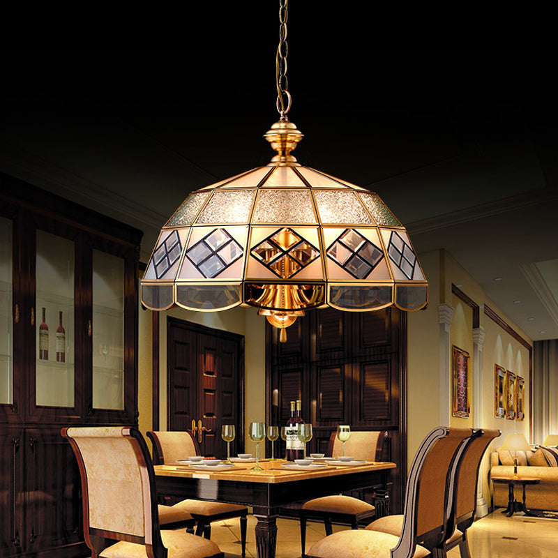 Brass Hemisphere Chandelier Colonial Frosted Glass 4 Bulbs Pendant Light Fixture for Living Room Brass Clearhalo 'Ceiling Lights' 'Chandeliers' 'Glass shade' 'Glass' 'Pendant Lights' Lighting' 233487