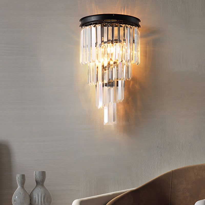 Tiered Bedside Wall Light Sconce Prismatic Crystal 2 Bulbs Modern Wall Lamp Fixture Clearhalo 'Cast Iron' 'Glass' 'Industrial' 'Modern wall lights' 'Modern' 'Tiffany' 'Traditional wall lights' 'Wall Lamps & Sconces' 'Wall Lights' Lighting' 2335815