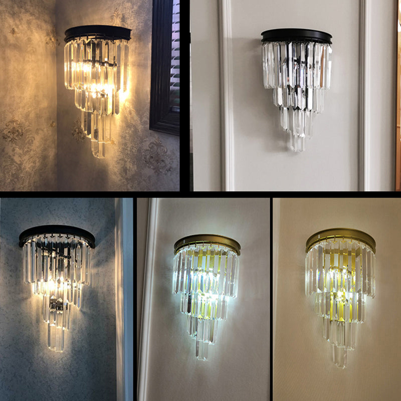 Tiered Bedside Wall Light Sconce Prismatic Crystal 2 Bulbs Modern Wall Lamp Fixture Clearhalo 'Cast Iron' 'Glass' 'Industrial' 'Modern wall lights' 'Modern' 'Tiffany' 'Traditional wall lights' 'Wall Lamps & Sconces' 'Wall Lights' Lighting' 2335823