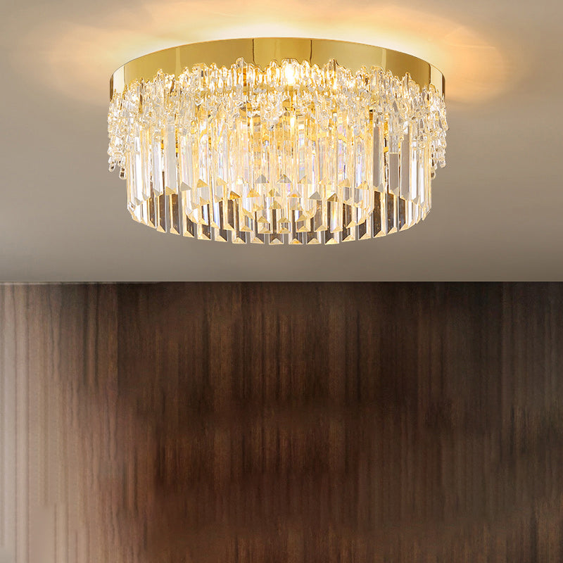 Drum Shaped Flush Mount Light Modern Tri-Sided Crystal Bar Gold Ceiling Light Fixture Gold 19" Clearhalo 'Ceiling Lights' 'Close To Ceiling Lights' 'Close to ceiling' 'Flush mount' Lighting' 2336102