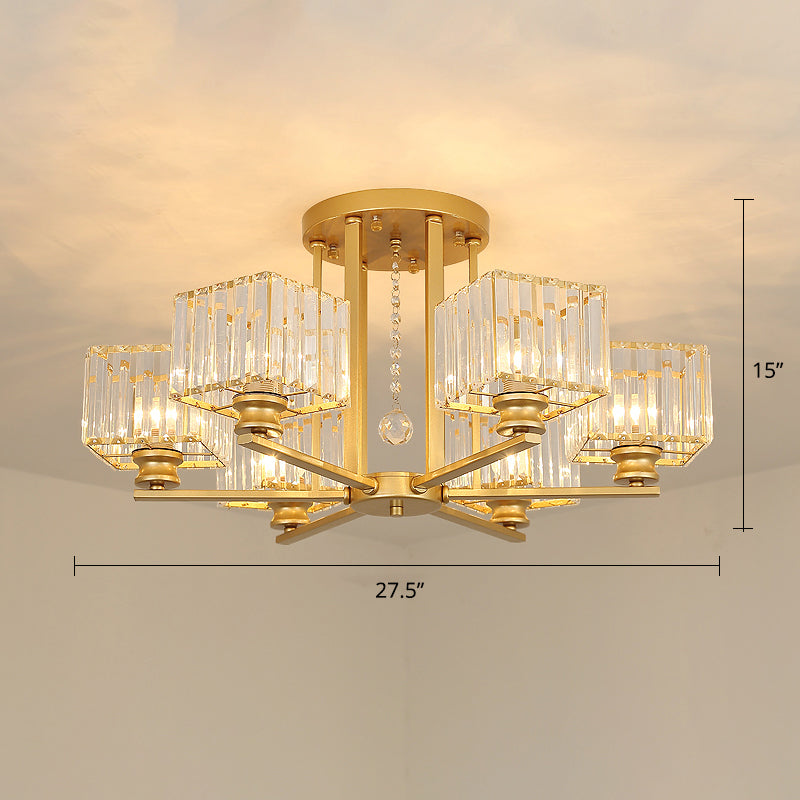 Square Semi Flush Light Fixture Contemporary Prismatic K9 Crystal Living Room Ceiling Lamp 6 Gold Clearhalo 'Ceiling Lights' 'Close To Ceiling Lights' 'Close to ceiling' 'Semi-flushmount' Lighting' 2336257