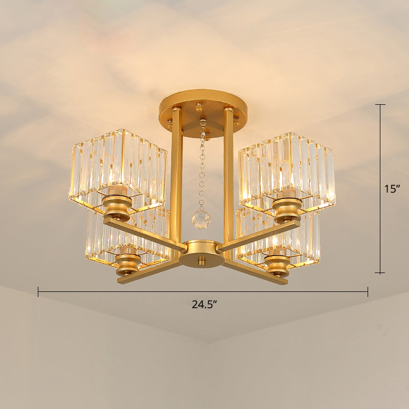 Square Semi Flush Light Fixture Contemporary Prismatic K9 Crystal Living Room Ceiling Lamp 4 Gold Clearhalo 'Ceiling Lights' 'Close To Ceiling Lights' 'Close to ceiling' 'Semi-flushmount' Lighting' 2336259