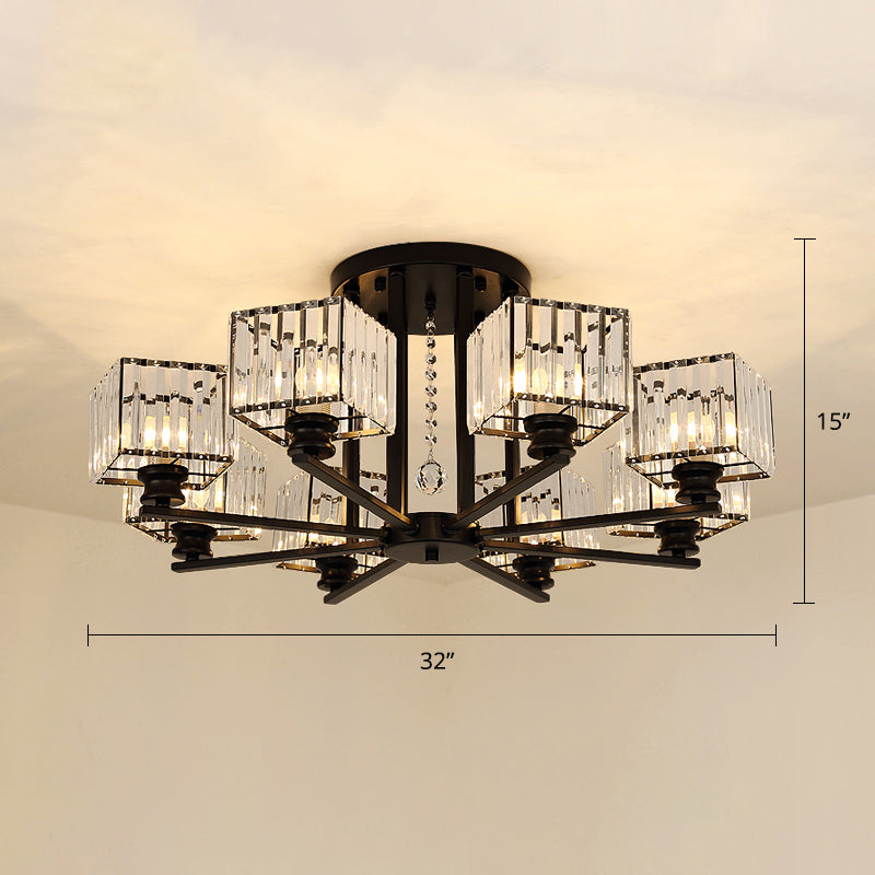 Square Semi Flush Light Fixture Contemporary Prismatic K9 Crystal Living Room Ceiling Lamp 8 Black Clearhalo 'Ceiling Lights' 'Close To Ceiling Lights' 'Close to ceiling' 'Semi-flushmount' Lighting' 2336261