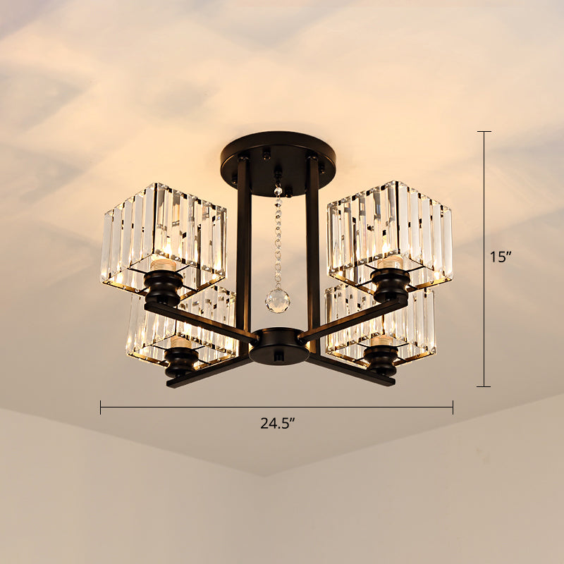 Square Semi Flush Light Fixture Contemporary Prismatic K9 Crystal Living Room Ceiling Lamp 4 Black Clearhalo 'Ceiling Lights' 'Close To Ceiling Lights' 'Close to ceiling' 'Semi-flushmount' Lighting' 2336265