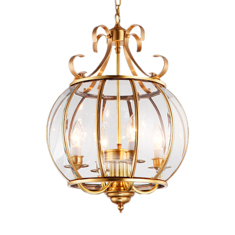 Clear Glass Global Chandelier Lamp Modern 4 Bulbs Brass Pendant Lighting Fixture for Living Room Clearhalo 'Ceiling Lights' 'Chandeliers' 'Glass shade' 'Glass' Lighting' 233702