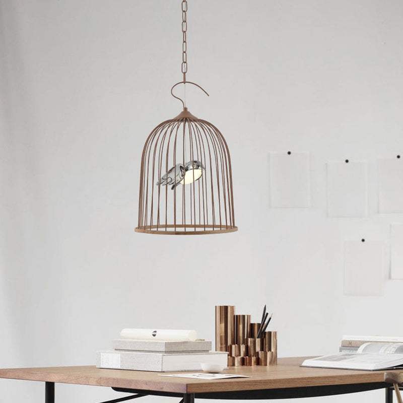 1 Bulb Cage Pendant Lamp Contemporary Metal Suspended Lighting Fixture in Black/Pink with Bird Clearhalo 'Ceiling Lights' 'Pendant Lights' 'Pendants' Lighting' 233881