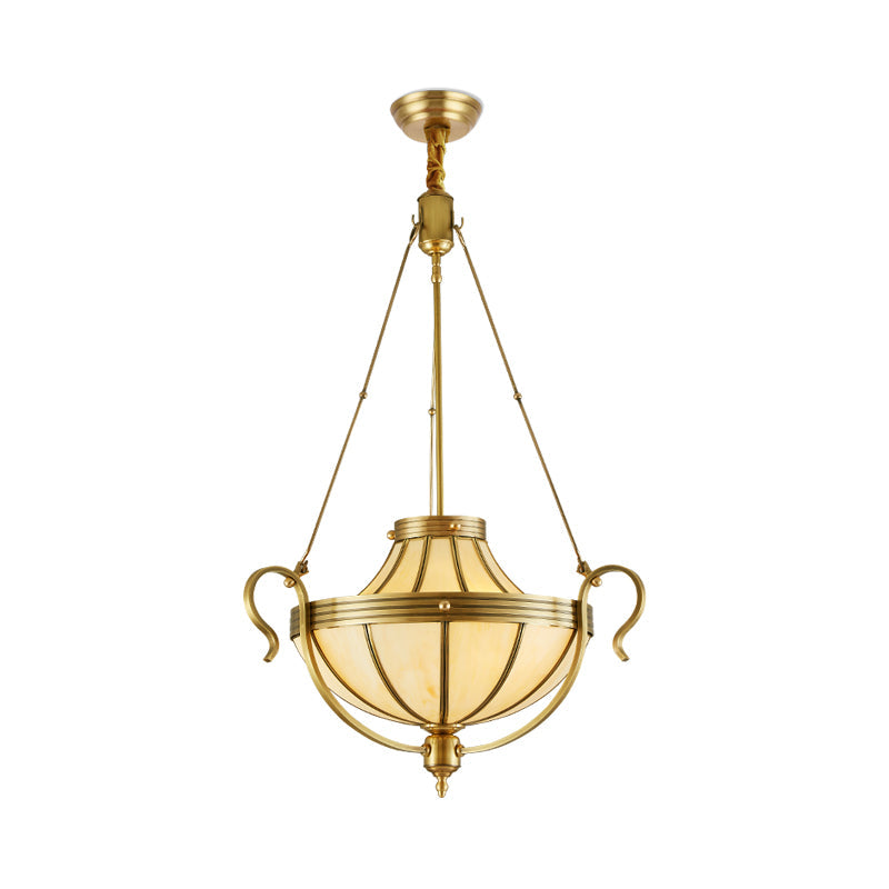 3 Bulbs Jar Ceiling Chandelier Rustic Opal Frosted Glass Suspended Lighting Fixture in Brass Clearhalo 'Ceiling Lights' 'Chandeliers' 'Glass shade' 'Glass' 'Pendant Lights' Lighting' 233940