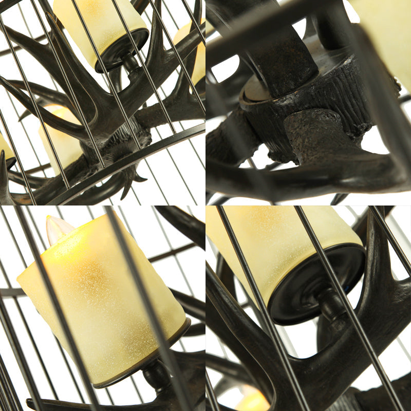 4 Lights Metal Chandelier Lamp Rustic Black Birdcage Living Room Down Lighting Pendant with Frosted Glass Shade Clearhalo 'Ceiling Lights' 'Chandeliers' Lighting' options 234005