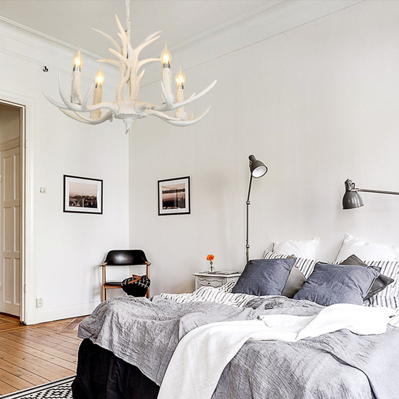 Resin White Hanging Chandelier Candle 4/8 Bulbs Traditional Pendant Light Fixture for Bedroom 4 White Clearhalo 'Ceiling Lights' 'Chandeliers' Lighting' options 234024_919deb0d-3b0d-442e-b509-905eee8f82d7