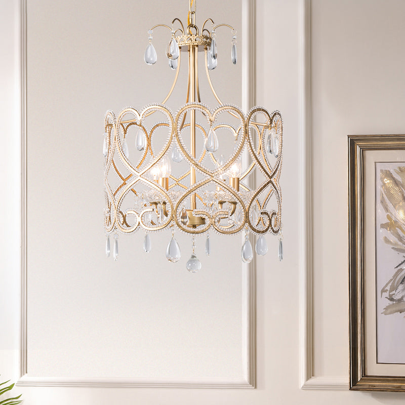 Gold Cylinder Chandelier Lighting Nordic Crystal 4 Bulbs Hanging Ceiling Light with Teardrop Clearhalo 'Ceiling Lights' 'Chandeliers' Lighting' options 234039
