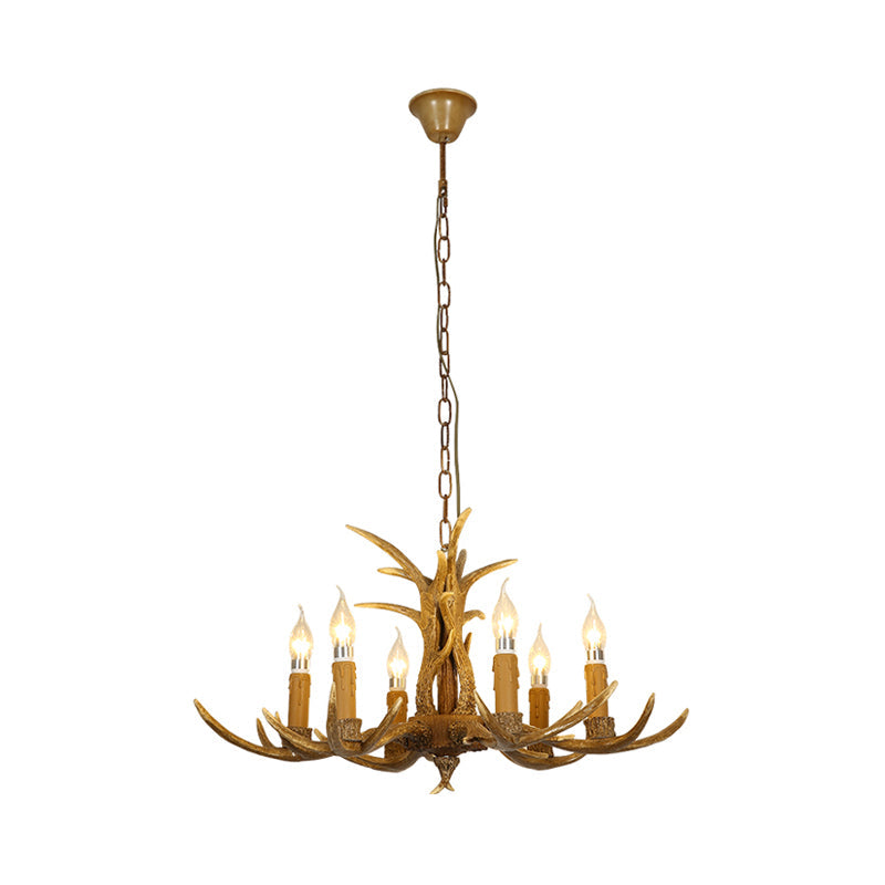 4/6/8 Heads Resin Chandelier Rustic Brown Candle Dining Room Pendant Light with Deer Antler Clearhalo 'Ceiling Lights' 'Chandeliers' Lighting' options 234045