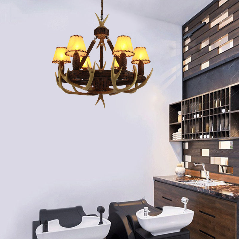 Traditional Cone Hanging Lamp 6 Bulbs Resin Chandelier Light Fixture with Fabric Shade in White/Yellow Clearhalo 'Ceiling Lights' 'Chandeliers' Lighting' options 234080