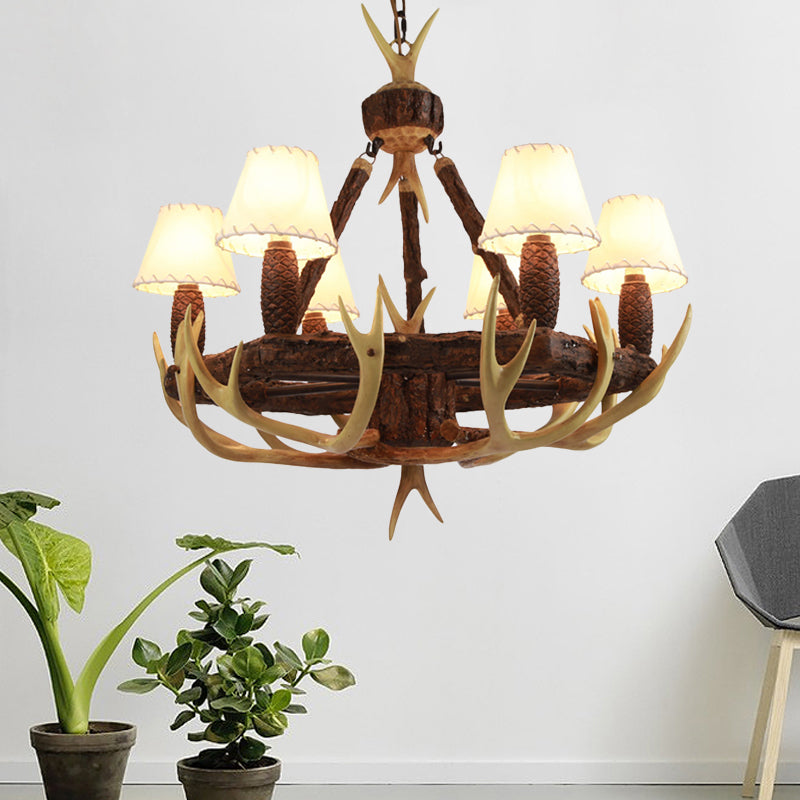 Traditional Cone Hanging Lamp 6 Bulbs Resin Chandelier Light Fixture with Fabric Shade in White/Yellow Clearhalo 'Ceiling Lights' 'Chandeliers' Lighting' options 234083