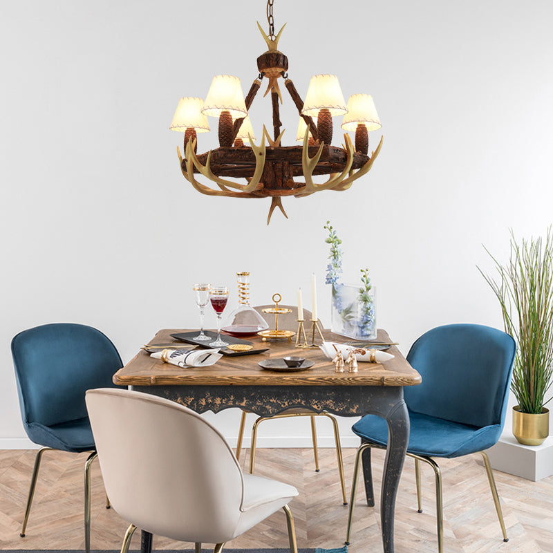 Traditional Cone Hanging Lamp 6 Bulbs Resin Chandelier Light Fixture with Fabric Shade in White/Yellow Clearhalo 'Ceiling Lights' 'Chandeliers' Lighting' options 234084