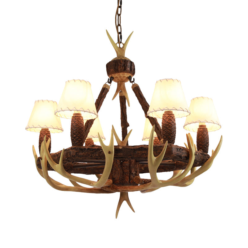 Traditional Cone Hanging Lamp 6 Bulbs Resin Chandelier Light Fixture with Fabric Shade in White/Yellow Clearhalo 'Ceiling Lights' 'Chandeliers' Lighting' options 234085