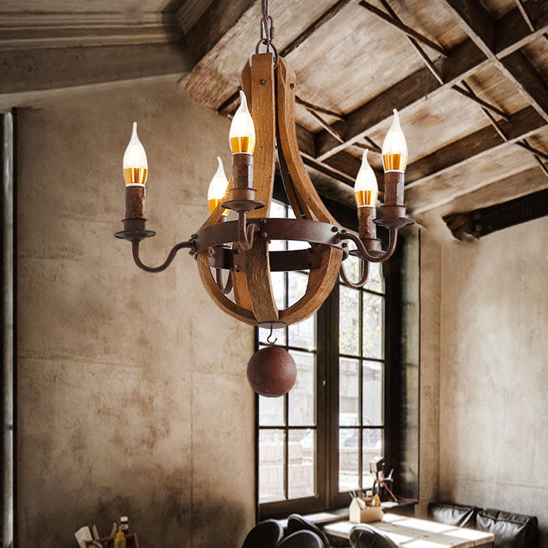 Rust 5 Lights Chandelier Lighting Rustic Wooden Basket Pendant Lamp for Restaurant, 16.5"/19.5" Wide Rust 16.5" Clearhalo 'Ceiling Lights' 'Chandeliers' Lighting' options 234140_c6799da5-5511-4b5e-a67a-cea9966458b7