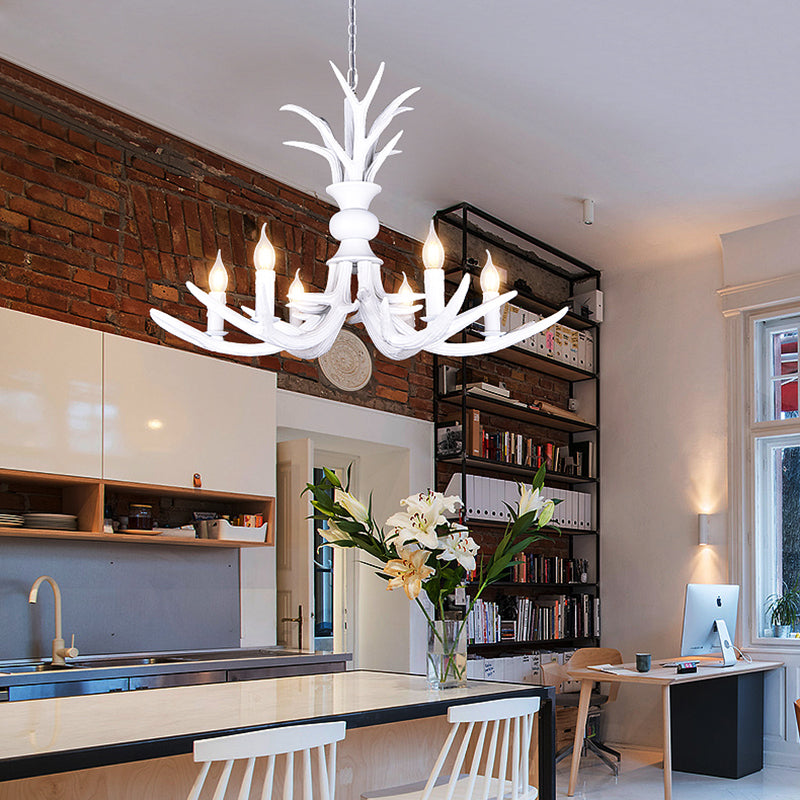 Resin White Hanging Chandelier Candle Shape 6/8 Bulbs Rustic Pendant Light Fixture for Restaurant 6 White Clearhalo 'Ceiling Lights' 'Chandeliers' Lighting' options 234216_224c4736-639b-466d-b2ed-c3c9744e9ff9