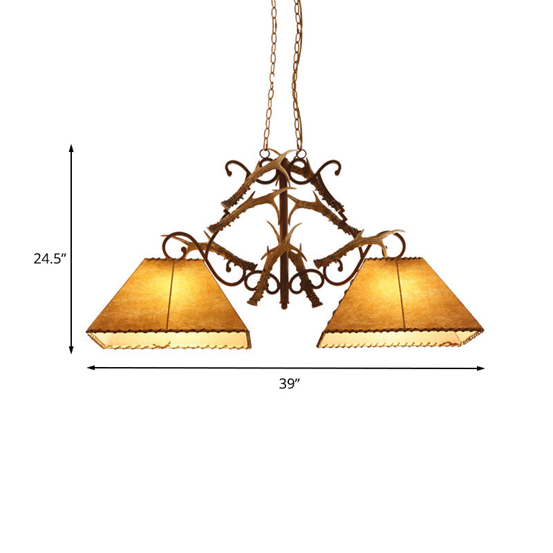 Brown 2 Heads Island Chandelier Traditional Fabric Trapezoid Suspension Lamp for Living Room Clearhalo 'Ceiling Lights' 'Island Lights' Lighting' 234304