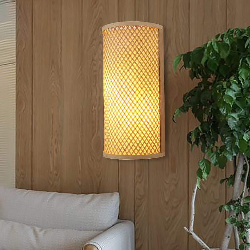 Half-Cylinder Bamboo Wall Mount Light Lodge Style 1-Light Beige Wall Light Sconce for Hallway Beige Clearhalo 'Wall Lamps & Sconces' 'Wall Lights' Lighting' 234618