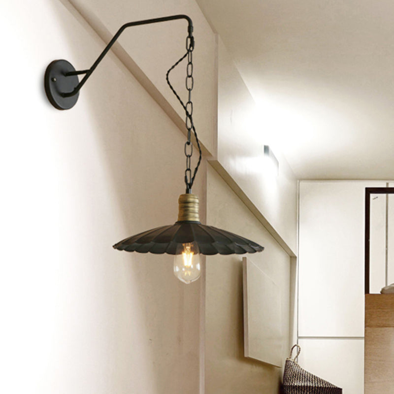 Black Scalloped Wall Hanging Light Vintage Stylish Metallic 1 Bulb Dining Table Wall Sconce Light, 10"/14" Width Black 14" Clearhalo 'Art deco wall lights' 'Cast Iron' 'Glass' 'Industrial wall lights' 'Industrial' 'Middle century wall lights' 'Modern' 'Rustic wall lights' 'Tiffany' 'Traditional wall lights' 'Wall Lamps & Sconces' 'Wall Lights' Lighting' 235362