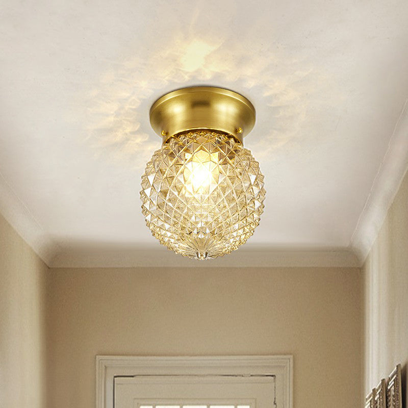 Clear Glass Pineapple Ceiling Fixture Minimalist 1 Head Brass Flush Mount Light for Corridor Clearhalo 'Ceiling Lights' 'Close To Ceiling Lights' 'Close to ceiling' 'Semi-flushmount' Lighting' 2353966