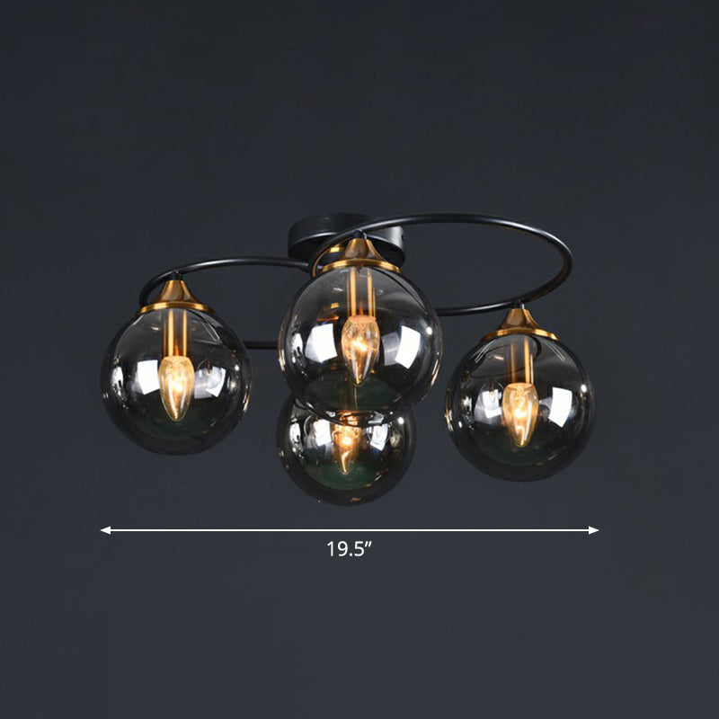 Postmodern Semi Flush Chandelier Black and Brass Ball Ceiling Light with Glass Shade 4 Smoke Gray Clearhalo 'Ceiling Lights' 'Close To Ceiling Lights' 'Close to ceiling' 'Semi-flushmount' Lighting' 2354005