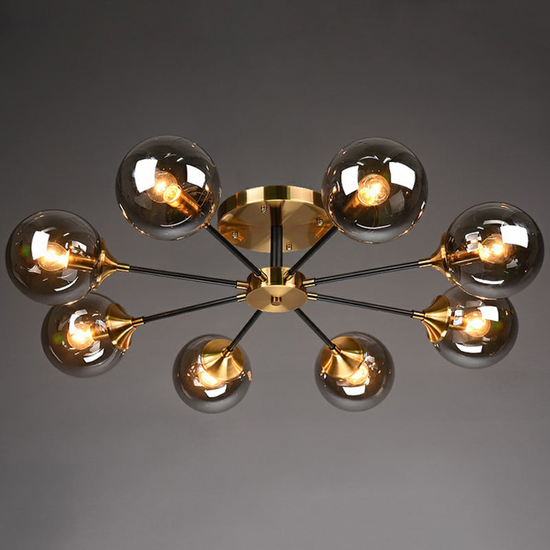 Black and Brass Radial Flush Mount Lighting Postmodern Metal Semi Flush Ceiling Light with Ball Glass Shade 8 Smoke Gray Clearhalo 'Ceiling Lights' 'Close To Ceiling Lights' 'Close to ceiling' 'Semi-flushmount' Lighting' 2354101