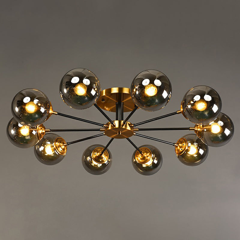 Black and Brass Radial Flush Mount Lighting Postmodern Metal Semi Flush Ceiling Light with Ball Glass Shade 10 Smoke Gray Clearhalo 'Ceiling Lights' 'Close To Ceiling Lights' 'Close to ceiling' 'Semi-flushmount' Lighting' 2354103