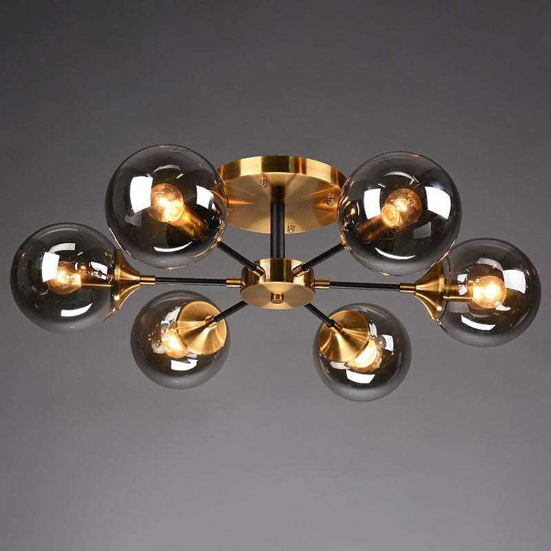 Black and Brass Radial Flush Mount Lighting Postmodern Metal Semi Flush Ceiling Light with Ball Glass Shade 6 Smoke Gray Clearhalo 'Ceiling Lights' 'Close To Ceiling Lights' 'Close to ceiling' 'Semi-flushmount' Lighting' 2354105