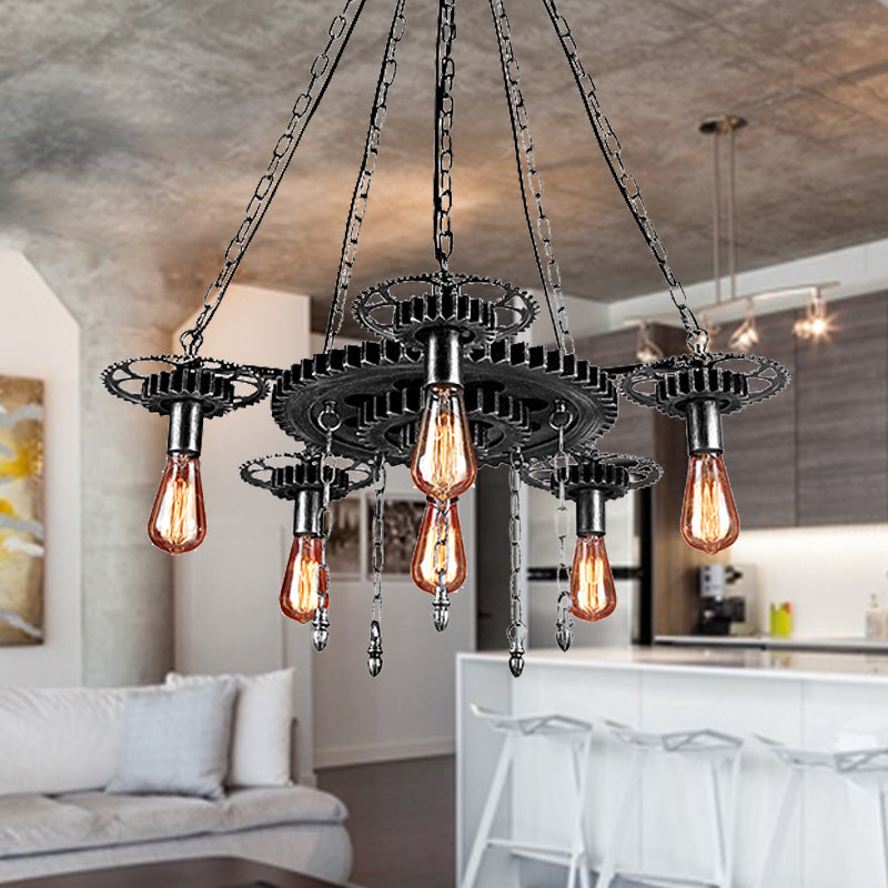 Exposed Bulb Metal Light Chandelier Industrial 6 Light Dining Room Pendant Lighting in Silver/Bronze with Gear Clearhalo 'Cast Iron' 'Ceiling Lights' 'Chandeliers' 'Industrial Chandeliers' 'Industrial' 'Metal' 'Middle Century Chandeliers' 'Rustic Chandeliers' 'Tiffany' Lighting' 235415