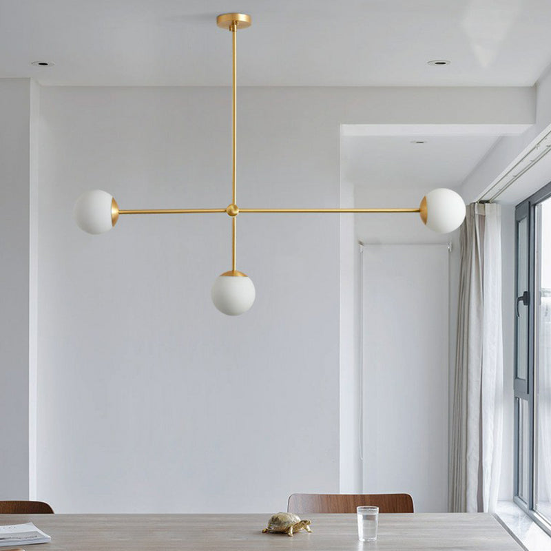 Brass Finish Line Art Chandelier Minimalistic Metal Ceiling Light with Ball Ivory Glass Shade Clearhalo 'Ceiling Lights' 'Chandeliers' 'Modern Chandeliers' 'Modern' Lighting' 2354238