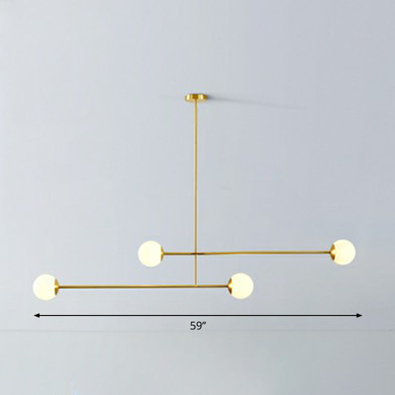 Brass Finish Line Art Chandelier Minimalistic Metal Ceiling Light with Ball Ivory Glass Shade 4 Brass Clearhalo 'Ceiling Lights' 'Chandeliers' 'Modern Chandeliers' 'Modern' Lighting' 2354240