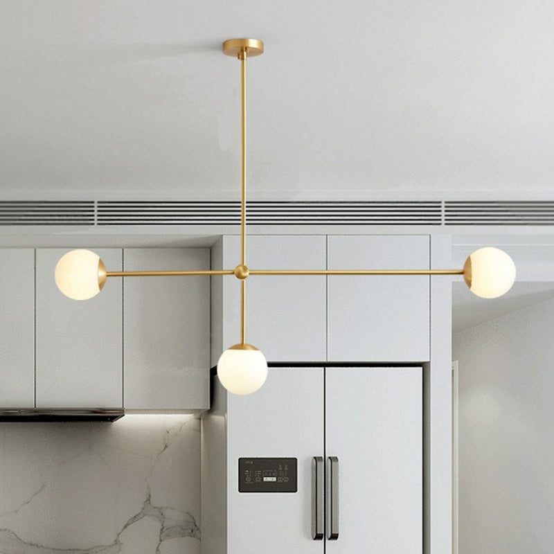 Brass Finish Line Art Chandelier Minimalistic Metal Ceiling Light with Ball Ivory Glass Shade Clearhalo 'Ceiling Lights' 'Chandeliers' 'Modern Chandeliers' 'Modern' Lighting' 2354241