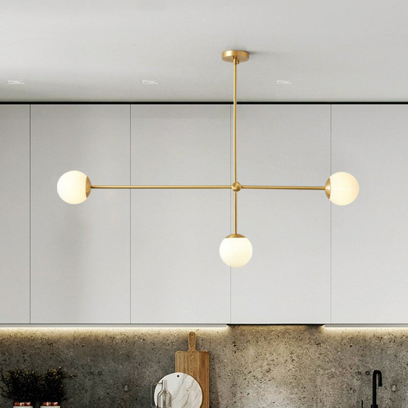 Brass Finish Line Art Chandelier Minimalistic Metal Ceiling Light with Ball Ivory Glass Shade Clearhalo 'Ceiling Lights' 'Chandeliers' 'Modern Chandeliers' 'Modern' Lighting' 2354242