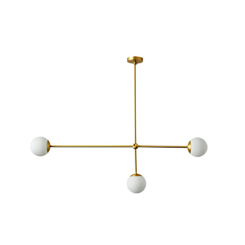 Brass Finish Line Art Chandelier Minimalistic Metal Ceiling Light with Ball Ivory Glass Shade Clearhalo 'Ceiling Lights' 'Chandeliers' 'Modern Chandeliers' 'Modern' Lighting' 2354244