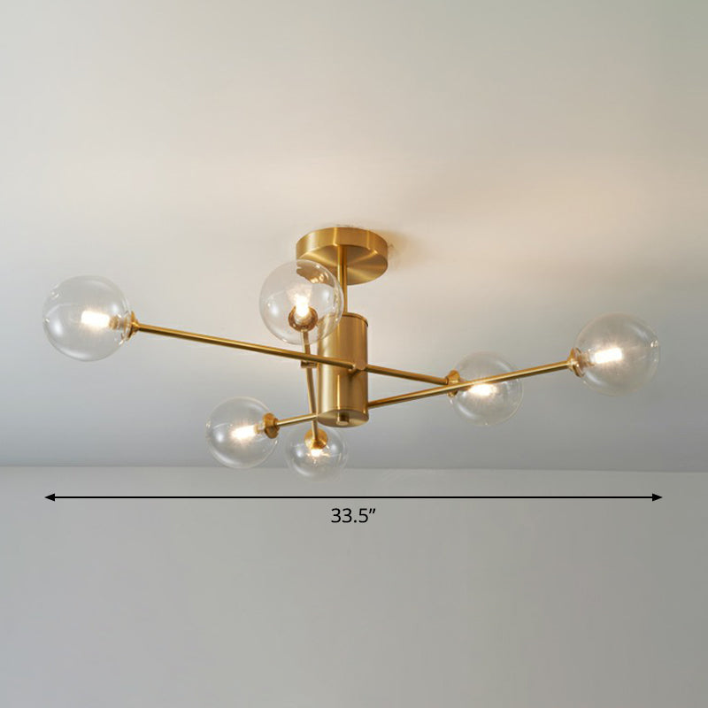 Brass Radial Suspension Lighting Postmodern Ball Glass Chandelier Lamp for Living Room 6 Clear Clearhalo 'Ceiling Lights' 'Close To Ceiling Lights' 'Close to ceiling' 'Semi-flushmount' Lighting' 2354277
