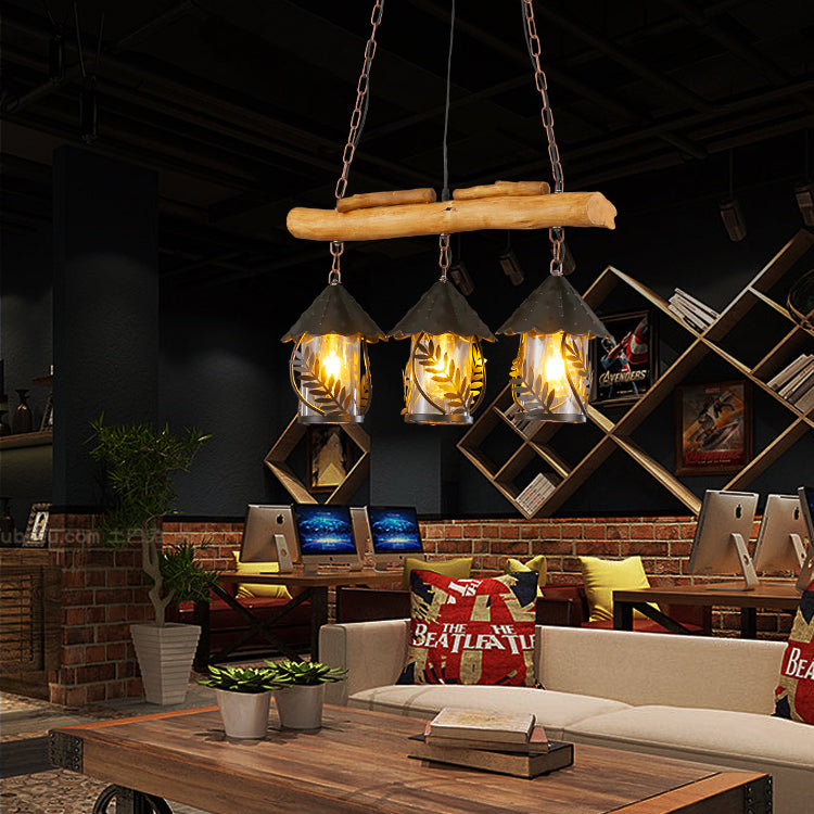 Lantern Island Lighting with Leaf Design and Wooden Beam Rustic Loft Metallic 3 Heads Pendant Lamp Clearhalo 'Ceiling Lights' 'Glass shade' 'Glass' 'Island Lights' Lighting' 23549
