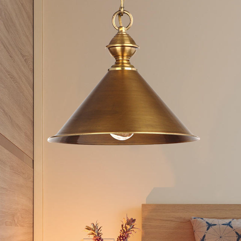 Metallic Brass/Gold Finish Pendant Lighting Conical Shade 7"/8.5" Dia 1 Light Vintage Suspension Light Gold 9.5" Clearhalo 'Art Deco Pendants' 'Cast Iron' 'Ceiling Lights' 'Ceramic' 'Crystal' 'Industrial Pendants' 'Industrial' 'Metal' 'Middle Century Pendants' 'Pendant Lights' 'Pendants' 'Tiffany' Lighting' 235643
