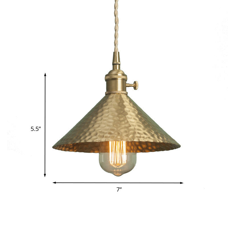 Metallic Brass/Gold Finish Pendant Lighting Conical Shade 7"/8.5" Dia 1 Light Vintage Suspension Light Clearhalo 'Art Deco Pendants' 'Cast Iron' 'Ceiling Lights' 'Ceramic' 'Crystal' 'Industrial Pendants' 'Industrial' 'Metal' 'Middle Century Pendants' 'Pendant Lights' 'Pendants' 'Tiffany' Lighting' 235646