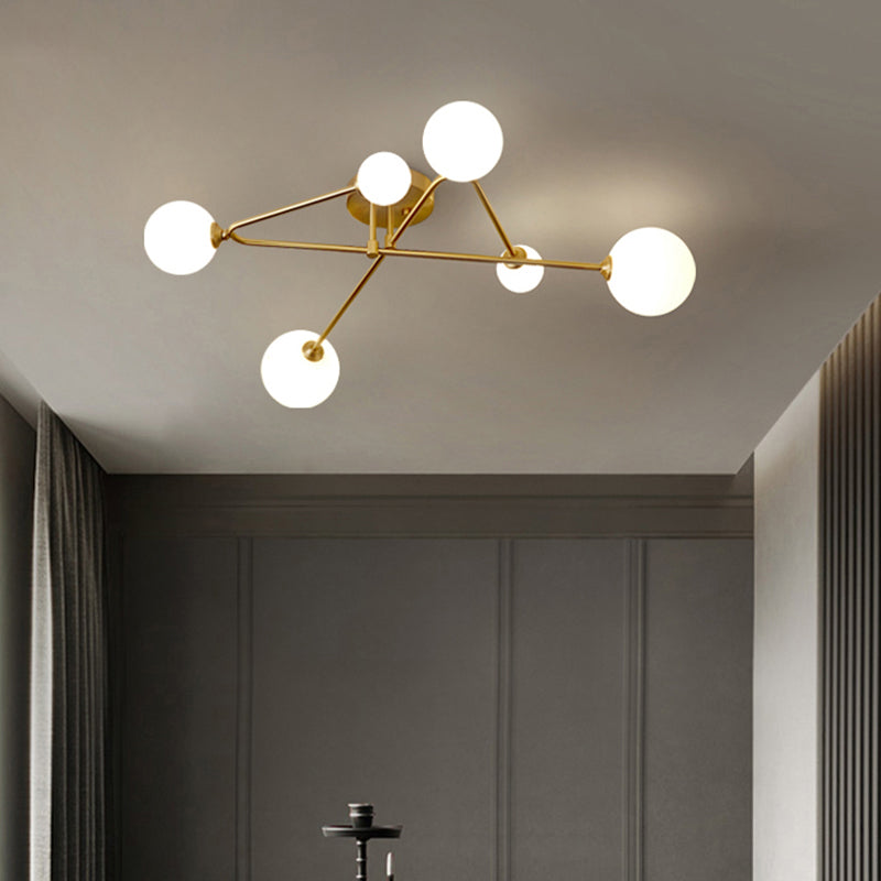 Orb Shaped Milk Glass Flush Ceiling Light Postmodern Brass Semi Flush Mount Fixture Clearhalo 'Ceiling Lights' 'Close To Ceiling Lights' 'Close to ceiling' 'Semi-flushmount' Lighting' 2357199