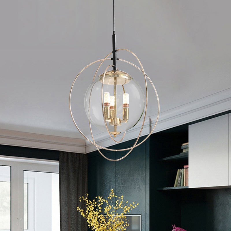 Glass Orbit Globe Pendant Light Postmodern 3 Bulbs Chandelier Lighting Fixture for Restaurant Clearhalo 'Ceiling Lights' 'Chandeliers' 'Clear' 'Industrial' 'Modern Chandeliers' 'Modern' 'Tiffany' 'Traditional Chandeliers' Lighting' 2357214