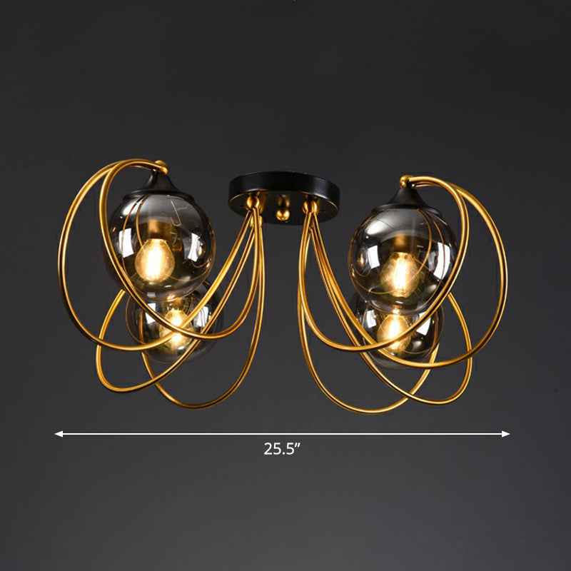 Brass Finish Floral Semi-Flush Ceiling Light Postmodern Glass Flushmount Lighting for Living Room 4 Smoke Gray Clearhalo 'Ceiling Lights' 'Close To Ceiling Lights' 'Close to ceiling' 'Semi-flushmount' Lighting' 2357874