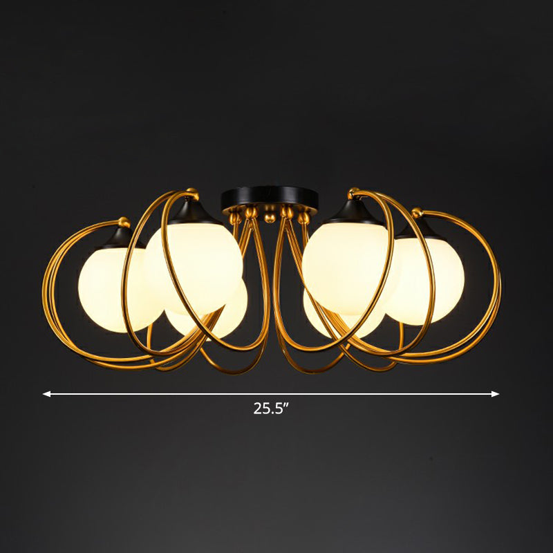 Brass Finish Floral Semi-Flush Ceiling Light Postmodern Glass Flushmount Lighting for Living Room 6 White Clearhalo 'Ceiling Lights' 'Close To Ceiling Lights' 'Close to ceiling' 'Semi-flushmount' Lighting' 2357876