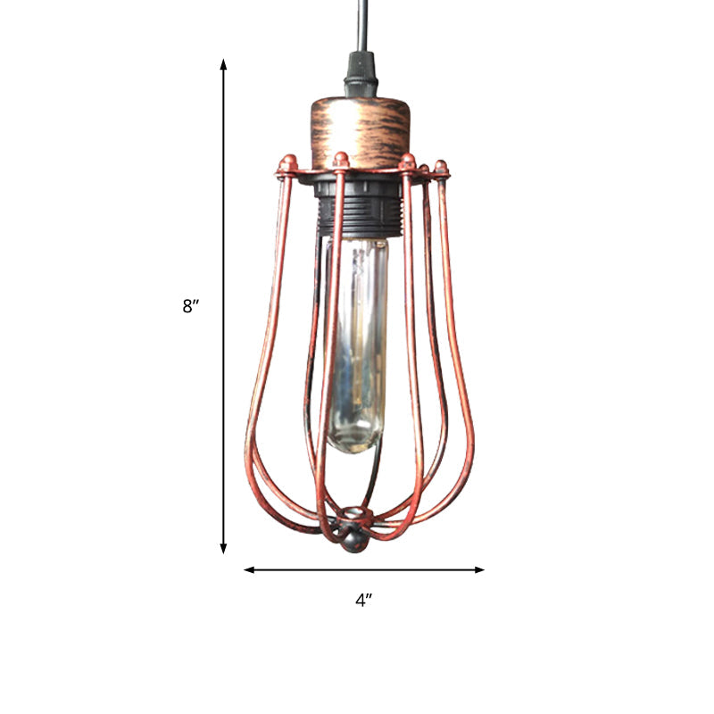 Wrought Iron Caged Hanging Pendant Light Rustic Industrial 1 Head Coffee Shop Suspension Light in Aged Silver/Weathered Copper Clearhalo 'Art Deco Pendants' 'Cast Iron' 'Ceiling Lights' 'Ceramic' 'Crystal' 'Industrial Pendants' 'Industrial' 'Metal' 'Middle Century Pendants' 'Pendant Lights' 'Pendants' 'Tiffany' Lighting' 235792