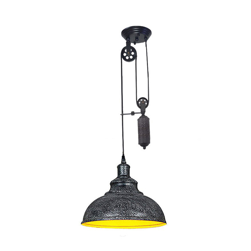 Rustic Industrial Dome Hanging Lamp with Pulley 1 Light Metal Pendant Light Fixture in Brown/Grey for Living Room Clearhalo 'Art Deco Pendants' 'Cast Iron' 'Ceiling Lights' 'Ceramic' 'Crystal' 'Industrial Pendants' 'Industrial' 'Metal' 'Middle Century Pendants' 'Pendant Lights' 'Pendants' 'Tiffany' Lighting' 235809