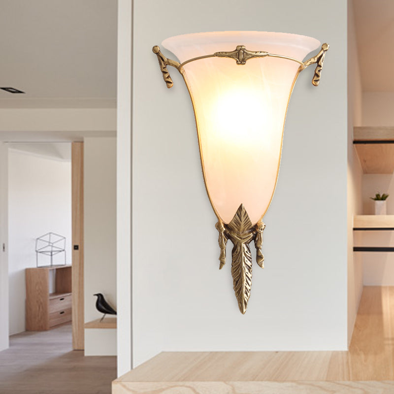 Cone Sconce Light Traditionary White Glass 1 Head Brass Wall Lamp Fixture for Living Room, 10"/13" Wide Clearhalo 'Wall Lamps & Sconces' 'Wall Lights' Lighting' 235829