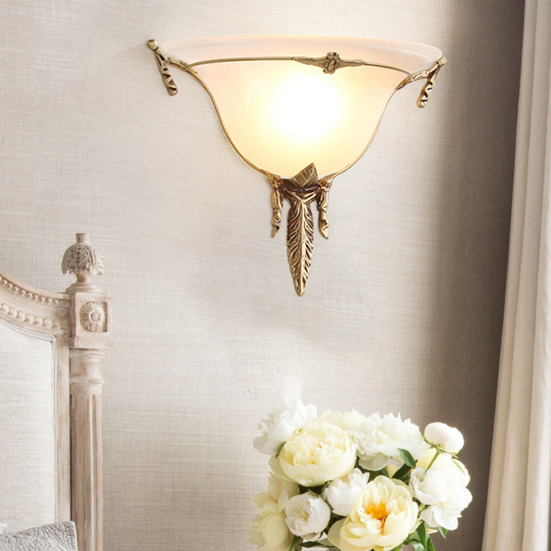 Cone Sconce Light Traditionary White Glass 1 Head Brass Wall Lamp Fixture for Living Room, 10"/13" Wide Brass 13" Clearhalo 'Wall Lamps & Sconces' 'Wall Lights' Lighting' 235833