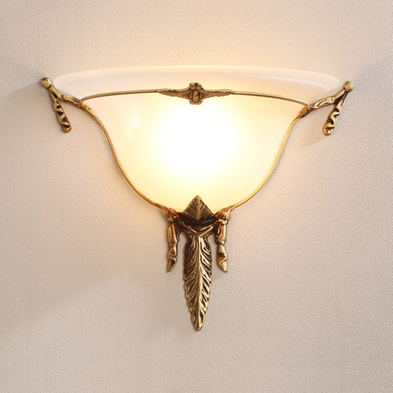 Cone Sconce Light Traditionary White Glass 1 Head Brass Wall Lamp Fixture for Living Room, 10"/13" Wide Clearhalo 'Wall Lamps & Sconces' 'Wall Lights' Lighting' 235834