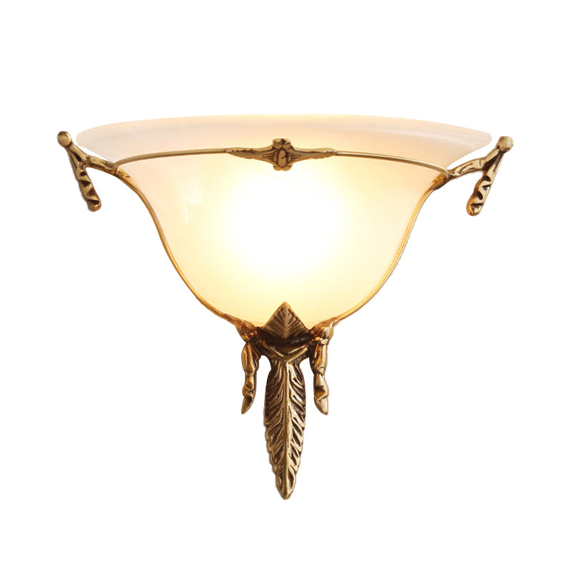 Cone Sconce Light Traditionary White Glass 1 Head Brass Wall Lamp Fixture for Living Room, 10"/13" Wide Clearhalo 'Wall Lamps & Sconces' 'Wall Lights' Lighting' 235835